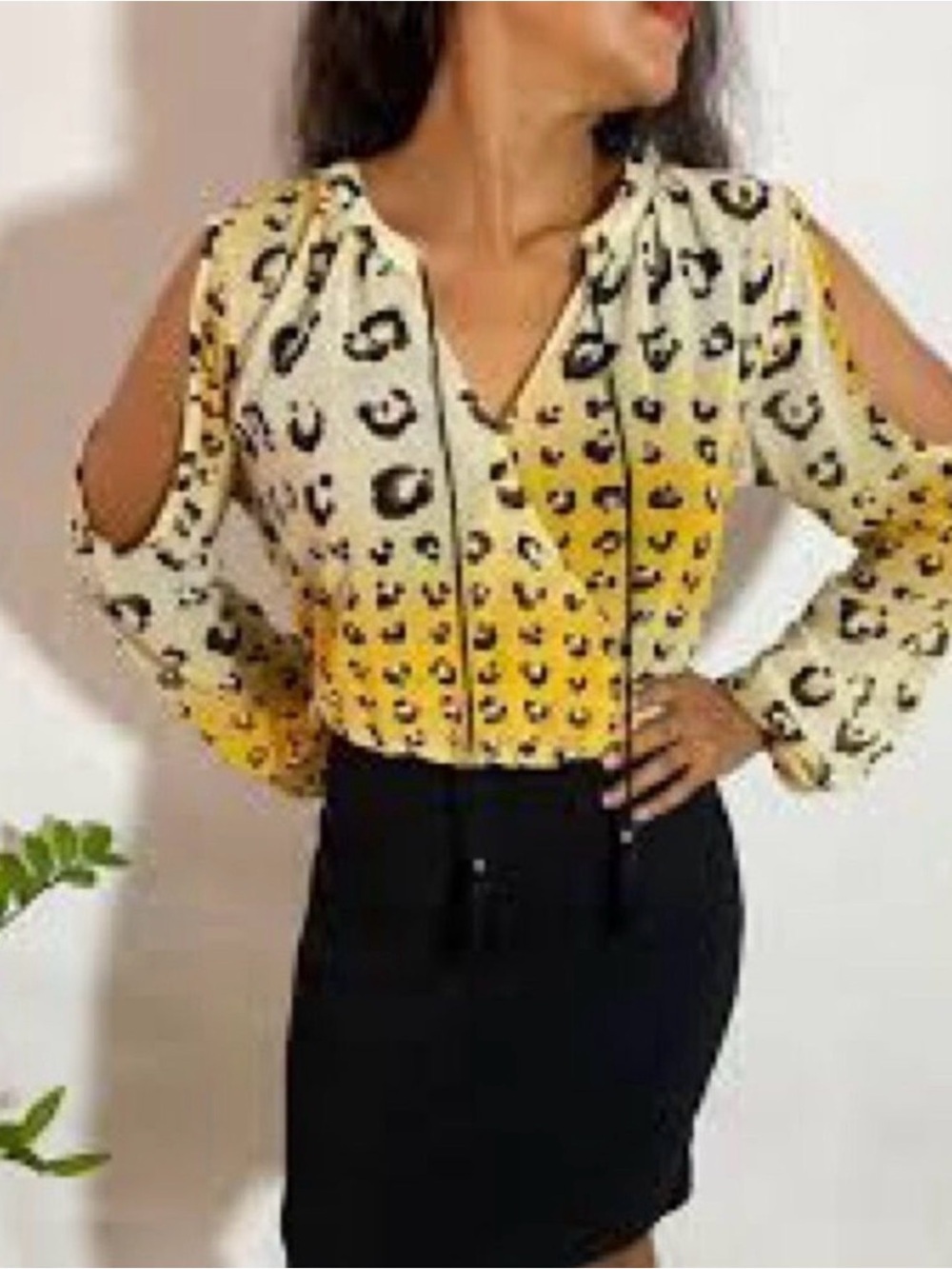 Nicole by Nicole Miller Yellow and Black Animal-Print Cold-Shoulder Midi Dress 4
